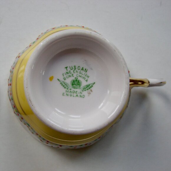 Vintage Fine Bone China Teacup and Saucer Pink Yellow Gold Gilt Tuscan England - Picture 9 of 9